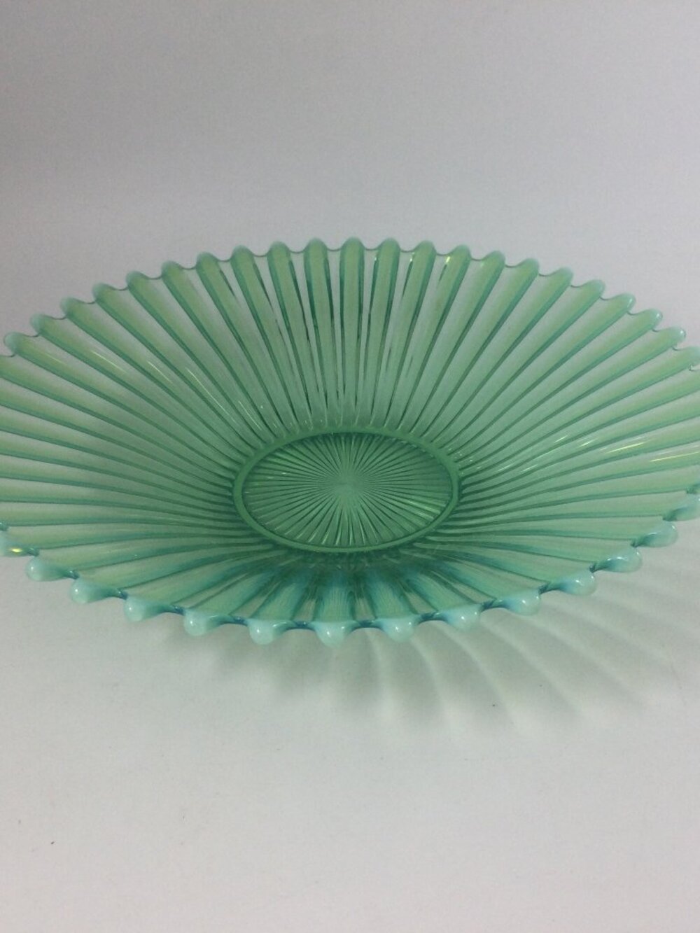 Vintage Fostoria Heirloom Green Opalescent Glass Bowl Ribbed Pattern 10"